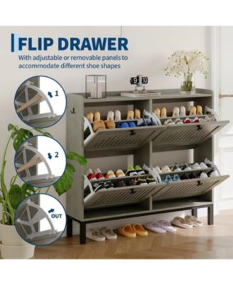 Shoe Storage Cabinet with 4 Flip Drawers, Modern Shoe Organizer with Hollow Panel Doors for Living Room, Entryway