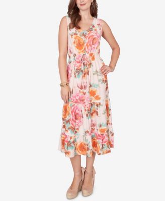 Plus Size Drawstring Waist Floral Linen Tiered Dress