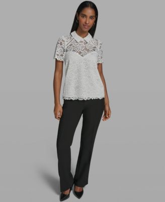 Women's Short-Sleeve Floral Lace Woven Blouse