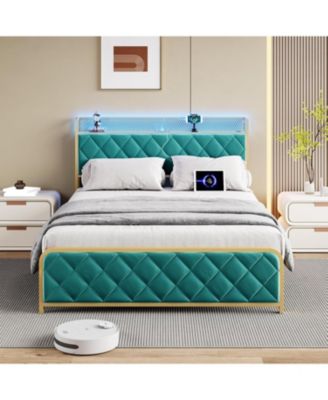 Queen Size Velvet Bed Frame with Storage Headboard, Velvet Platform Bed Frame with Storage Charging Station LED Light Bed Frame, Strong Frame