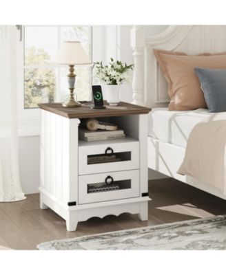 Industrial Farmhouse End Table with Charging Station, 2 Drawer Bedside Nightstand with Open Cubby