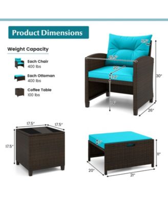 Set of 5 Patio Rattan Furniture w/ 2 Wicker Ottomans & Tempered Glass Coffee Table