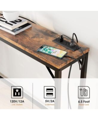 Console Table with Outlet & USB Ports, Narrow Sofa Table, Industrial Entryway Table with Charging Station