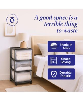 Plastic 3 Drawer Medium Home Storage Container, Clear Drawers & Black Frame