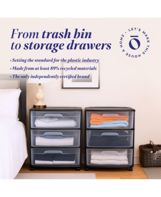 Tall Solid Plastic 3 Drawer Medium Storage Cart with Wheels, Black (2 Pack)