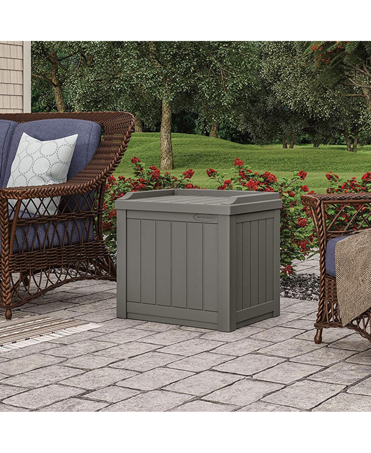 Suncast 22 Gallon Outdoor Patio Small Deck Chest Box with Storage Seat, Stone