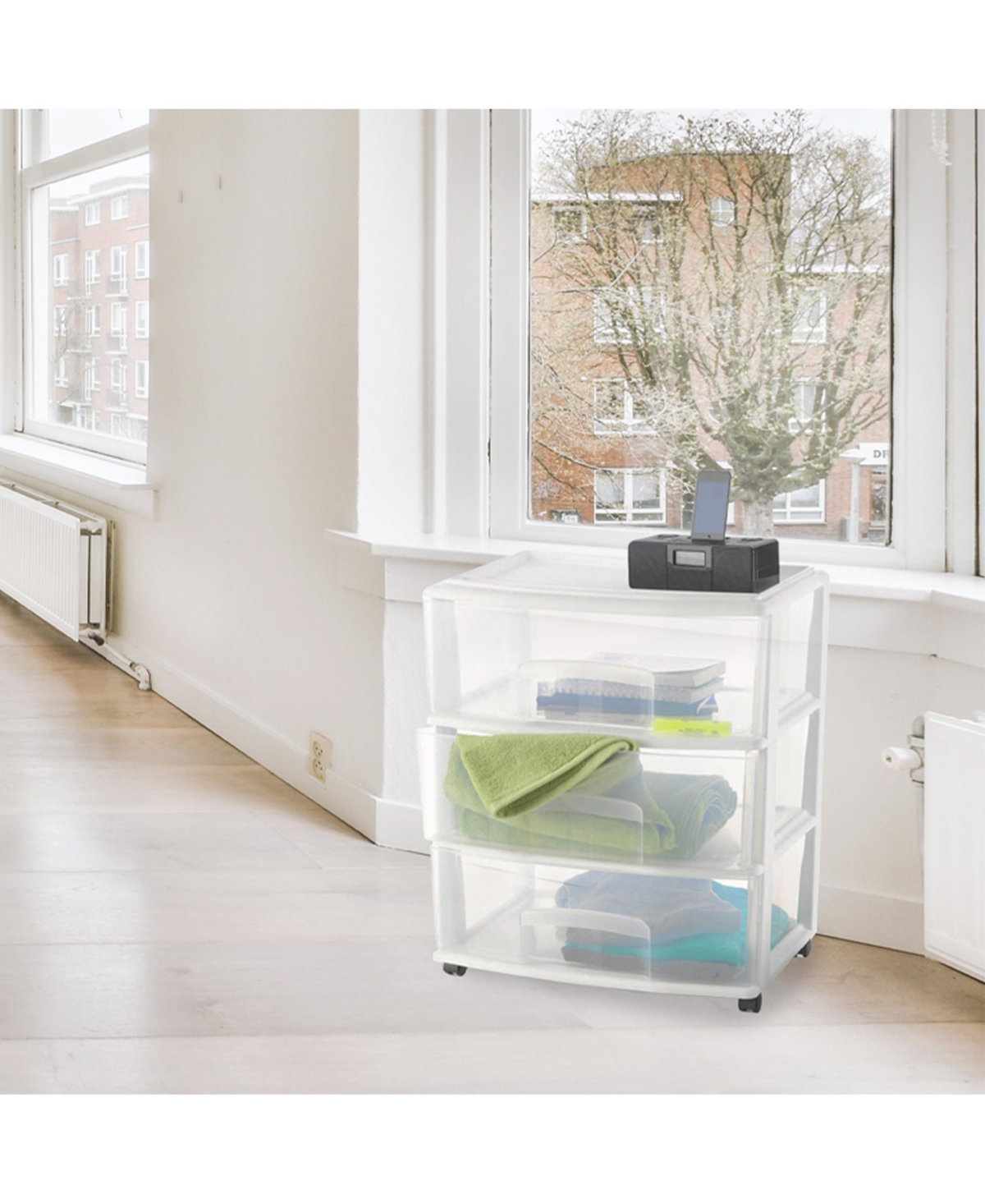 Homz Plastic 3 Clear Drawer Small Rolling Storage Container Tower