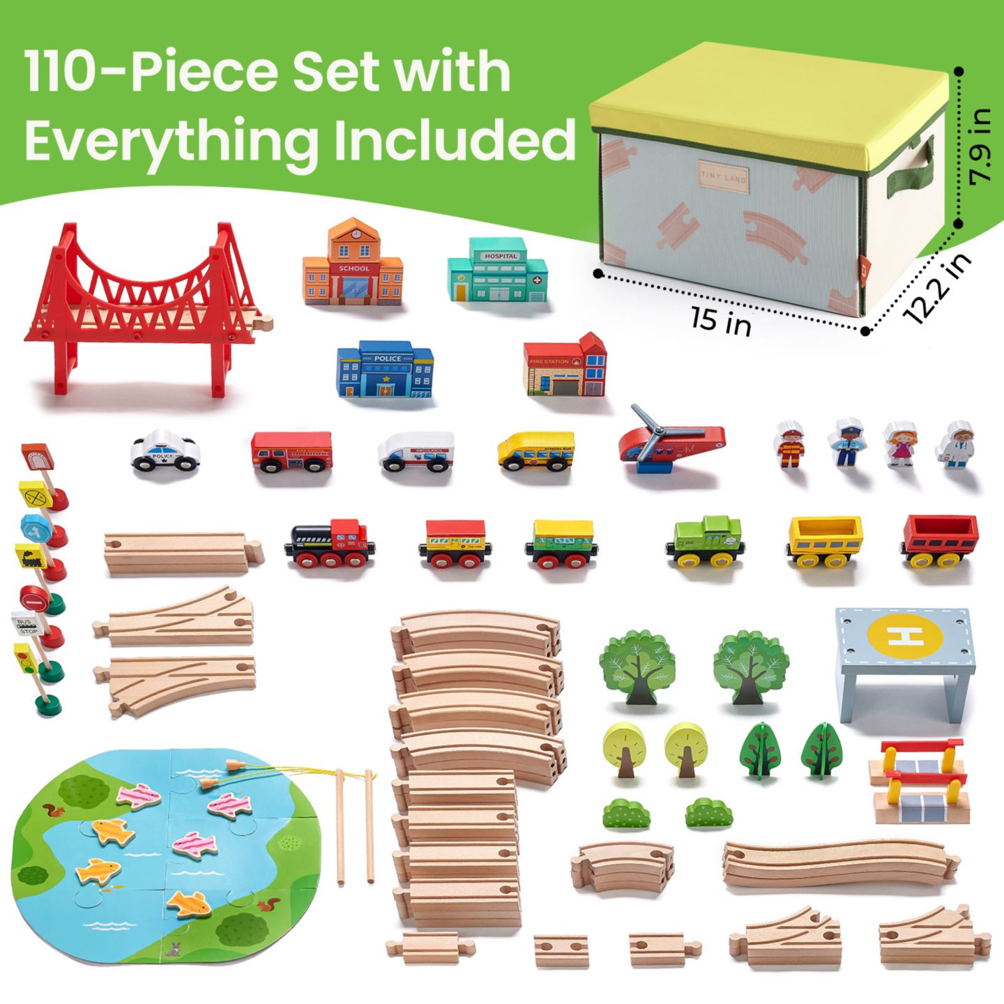 Детские конструкторы Tiny Land 110-Piece Wooden Train Set, Ages 3+ — фото 3