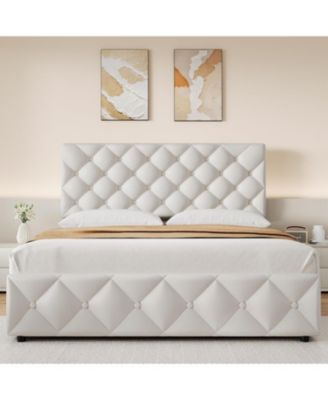 Bed Frame with 4 Storage Drawers, Faux Leather Upholstered Platform Bed Frame with Adjustable Headboard