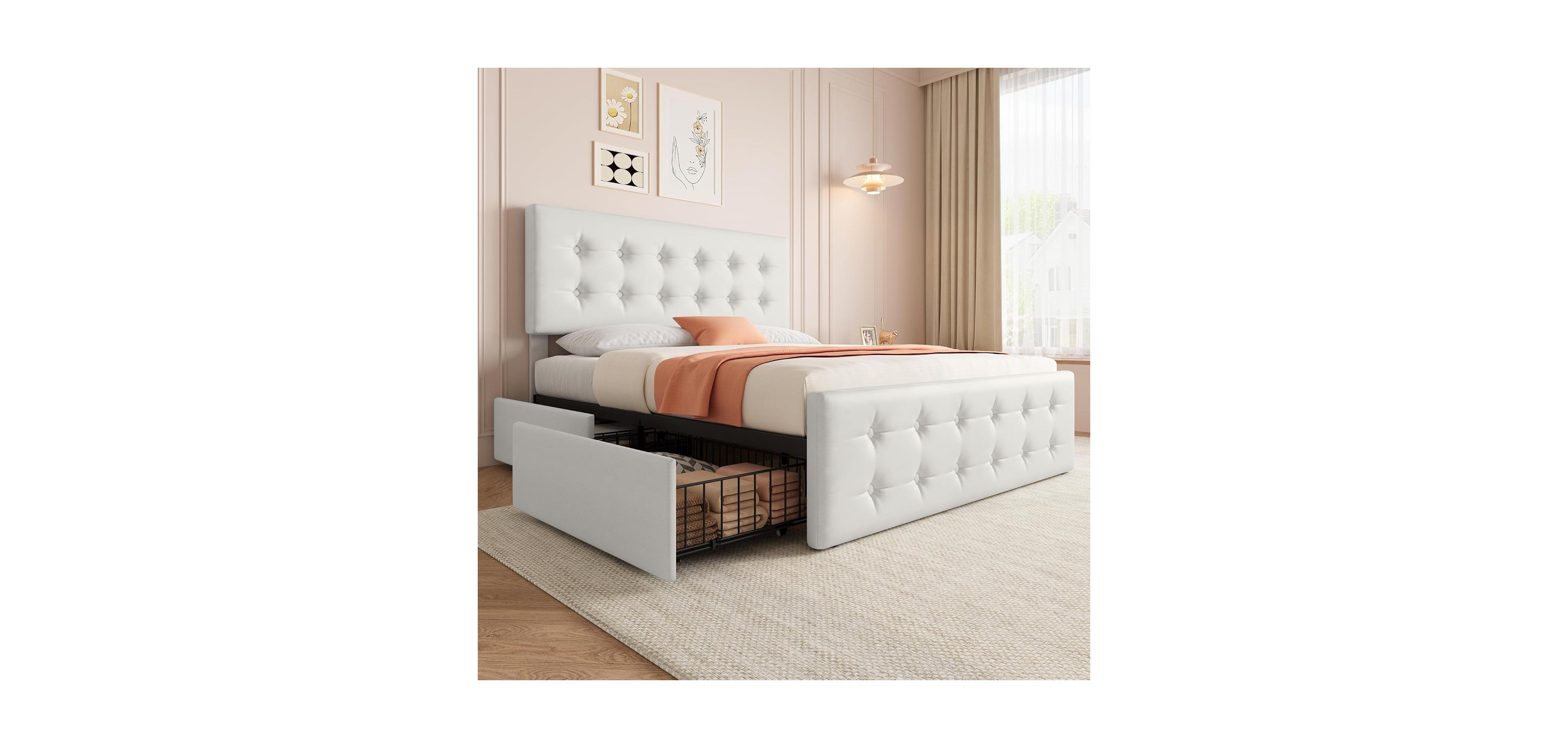Gaomon Full Size Bed Frame with 4 Storage Drawers and Headboard, Faux Leather Upholstered Platform Bed Frame with Wooden Slats Support