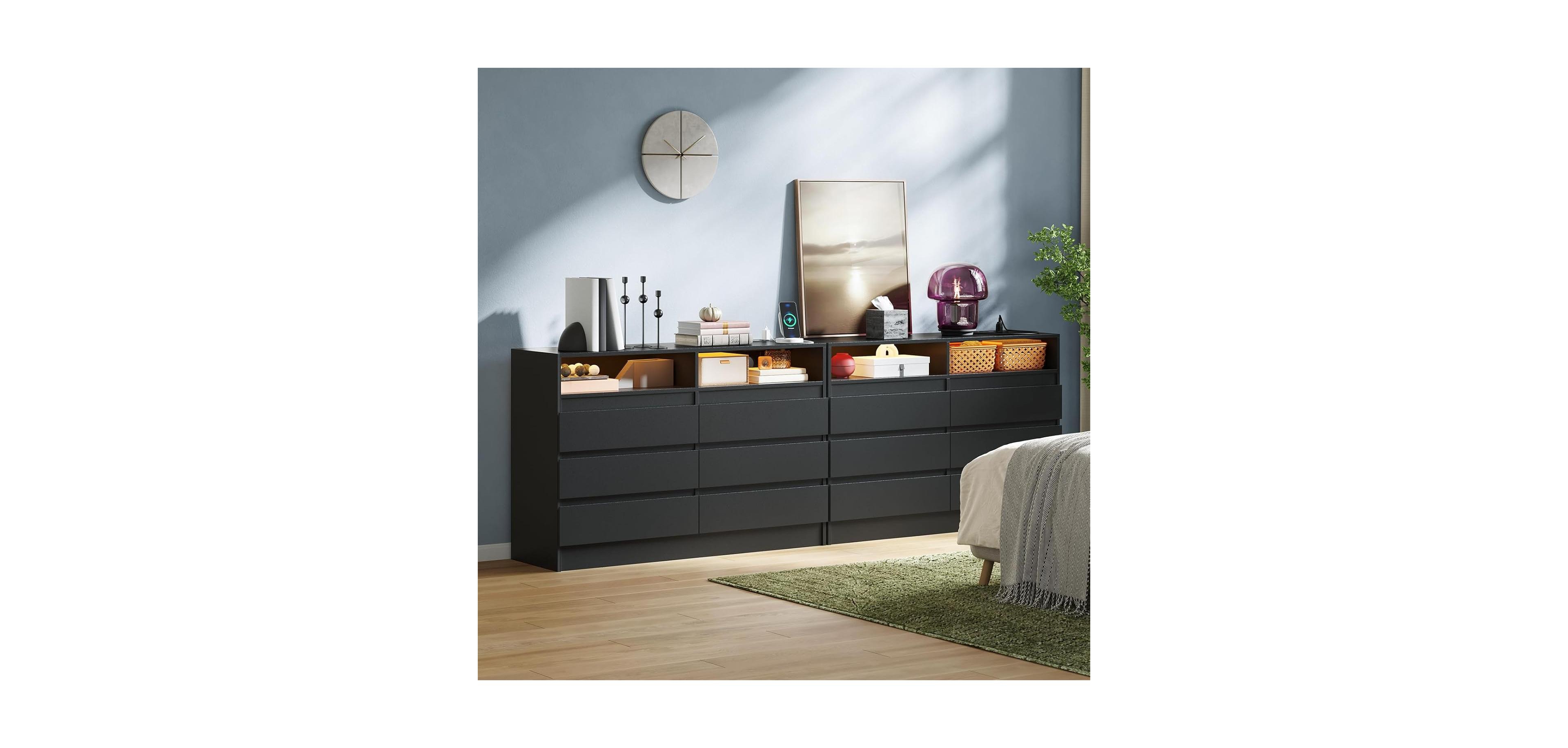 gaomon Modern 4 Drawer Dresser with Led Light and Charging Station, White Storage Chest with Power Outlet, Accent Double Dresser for Bedroom Living