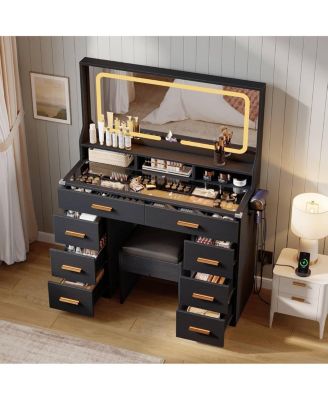42" LED Makeup Vanity Desk with Large Mirror, 8 Drawers & Charging Station, Modern Dressing Table with Glass Top, Storage Stool