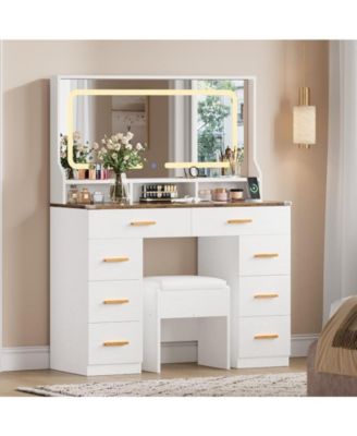 42" LED Makeup Vanity Desk with Large Mirror, 8 Drawers & Charging Station, Modern Dressing Table with Glass Top, Storage Stool