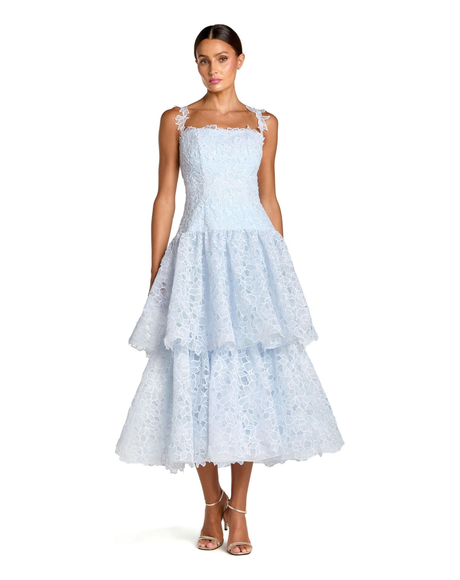 Women's Sleeveless Embroidered Lace Tiered Midi Dress