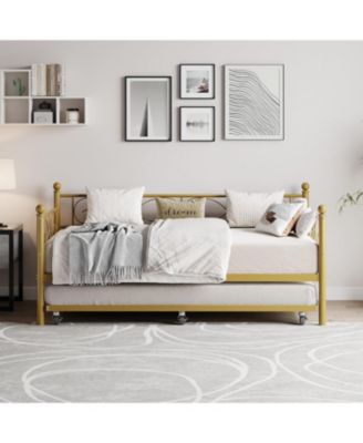 Twin Size Metal Daybed Frame with Trundle Heavy Duty Metal Slats, Mattress Foundation Platform Sofa Bed with Headboard for Bedroom