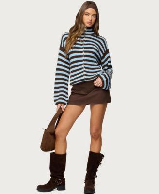 Women's High Neck Striped Zip Up Sweater