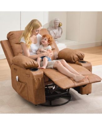 Recliner Chair with Massage and Heat, 360° Swivel Oversized Single Sofa Seat, Adult Rocking Recliner with Cup Holder and Storage Pockets