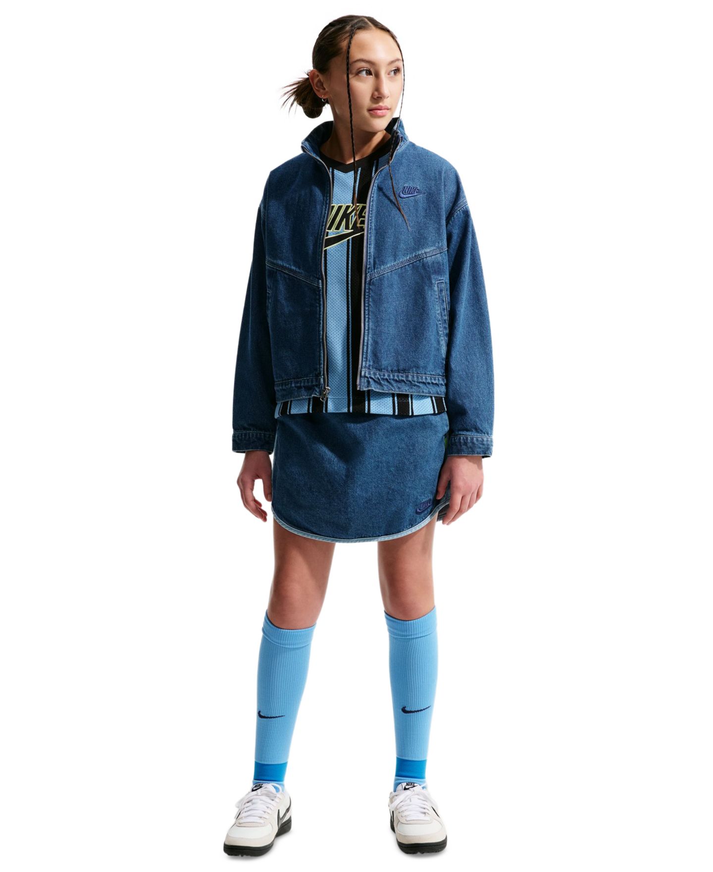 Куртка Nike Sportswear Collection Windrunner Oversized Denim Jacket для девочек, цвет: Тёмно-синий — фото 1