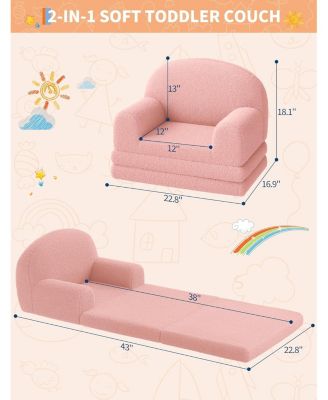 Kids Couch, 2-in-1 Convertible Teddy Fleece Fabric Toddler Sofa Chair, Soft Fold Out Couch Lounger for Kids, Comfy Children's Sofa Bed