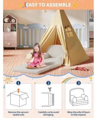 Kids Couch, 2 in 1 Convertible Teddy Fleece Toddler Sofa Chair, Soft Fold Out Lounger & Comfy Children s Sofa Bed for Playroom