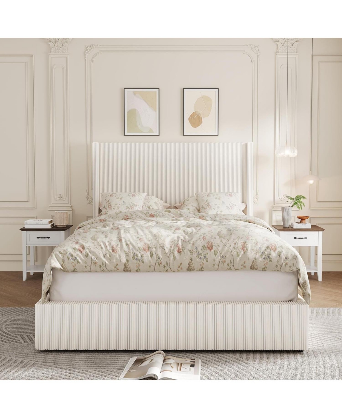 gaomon queen size upholstered platform bed frame with storage drawers, wingback design, tufted headboard and footboard