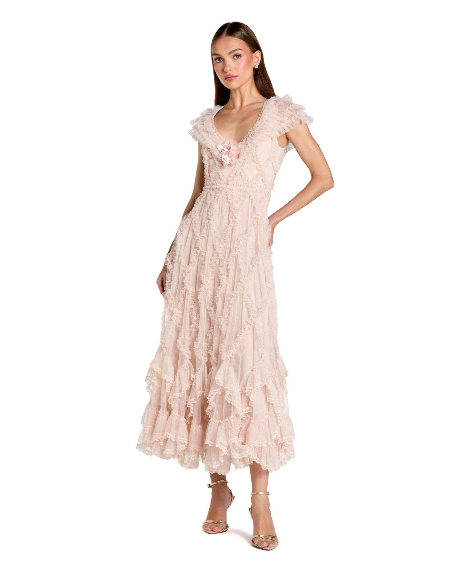 Petite Micro Ruffle Cap Sleeve A-Line Midi Dress
