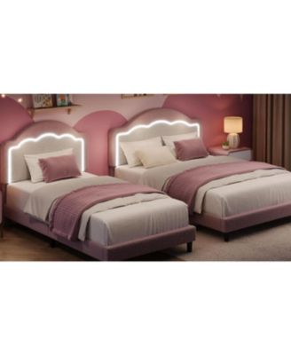 Bed Frame with Adjustable Headboard, Sherpa Fleece Upholstered Platform Bed Frame with LED Lights, 750 LB Capacity, Wooden Slats Support