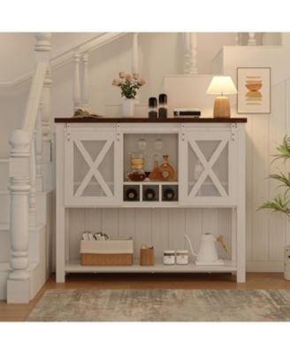 Farmhouse Coffee Bar Cabinet with Sliding Barn Doors, Wine Rack and Open Storage Shelf for Kitchen and Dining Room, White