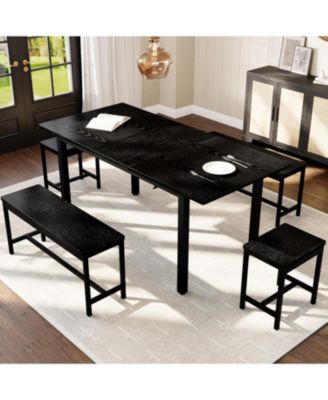 5Pcs Dining Table Set for 4-8 People, 63 in Large Extendable Kitchen Table Set with 2 Benches and 2 Square Stools sets