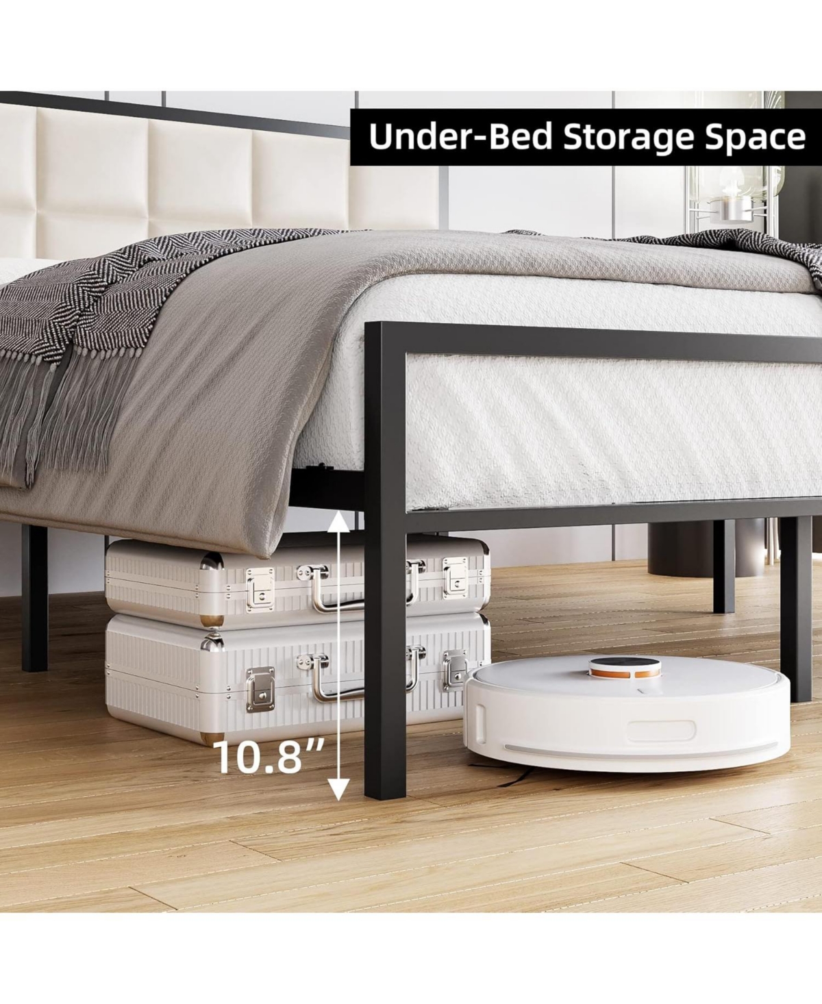 Gaomon Bed Frame, Faux Leather Platform Bed Frame with Upholstered Square Stitched Headboard