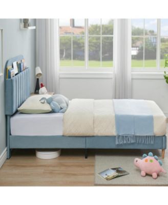 2PCS Twin Upholstered Platform Bed Frames with Bookcase Headboard,Velvet Mattress Foundation,Heavy Duty Steel Support Legs,Easy Assembly