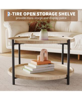 Round Coffee Table for Living Room, Rustic Wood Desktop Center Table with Sturdy Metal Legs, 2-Tier Circle Coffee Table with Storage Shelf