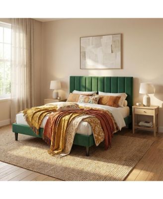 Queen Velvet Upholstered Platform Bed Frame with Vertical Channel Tufted Headboard,Adjustable Height Fits 8–12" Mattress,Noise-Free