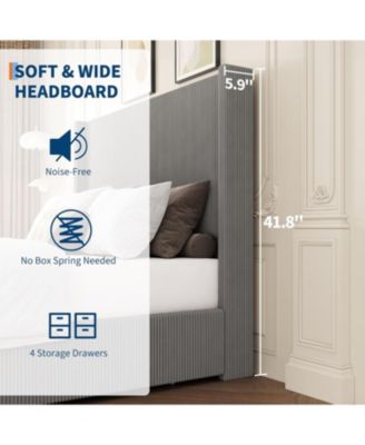 King Size Bed Frame with Storage Drawers, Corduroy Upholstered Platform with Wingback, Tufted Headboard and Footboard