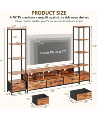 TV Entertainment Center with Storage, 5 Fabric Drawer, 2 Bookshelf, TV Console with Shelf