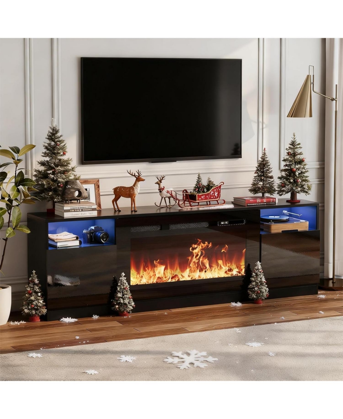 Gaomon 70" Fireplace Tv Stand with 36" Electric Fireplace & Storage Cabinet 2 Tier Entertainment Center, Fireplace Heater with 12 Frame & Le