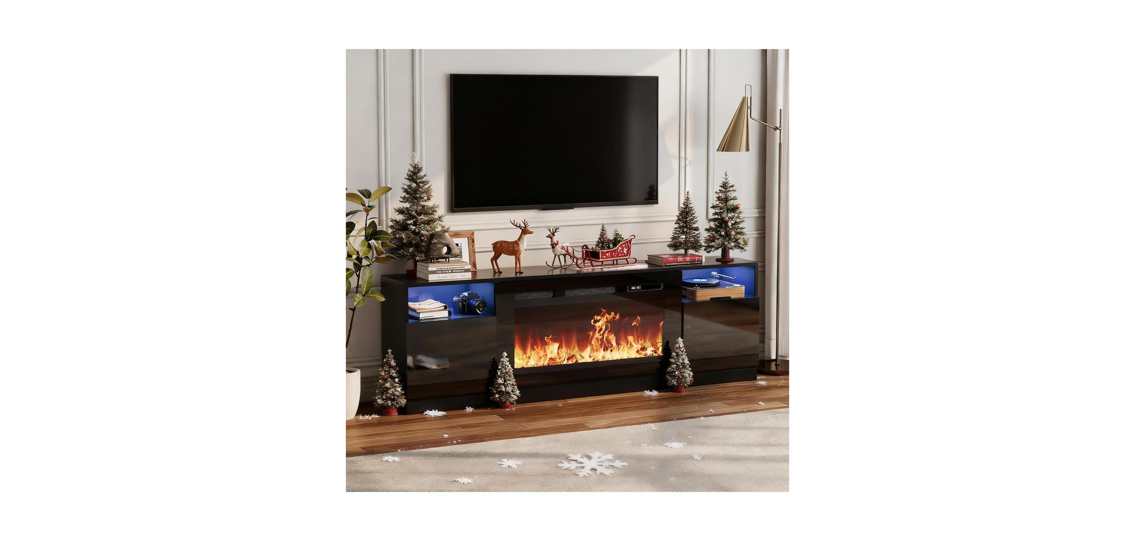 gaomon 70" Fireplace Tv Stand with 36" Electric Fireplace & Storage Cabinet 2 Tier Entertainment Center, Fireplace Heater with 12 Frame & Led Light