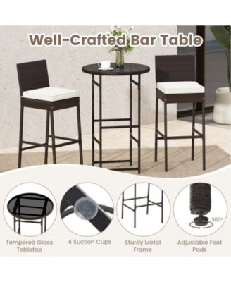 Set of 3 Outdoor Bar Set Patio Rattan Bar Height Table & Chairs w/ Glass Tabletop Mix Brown