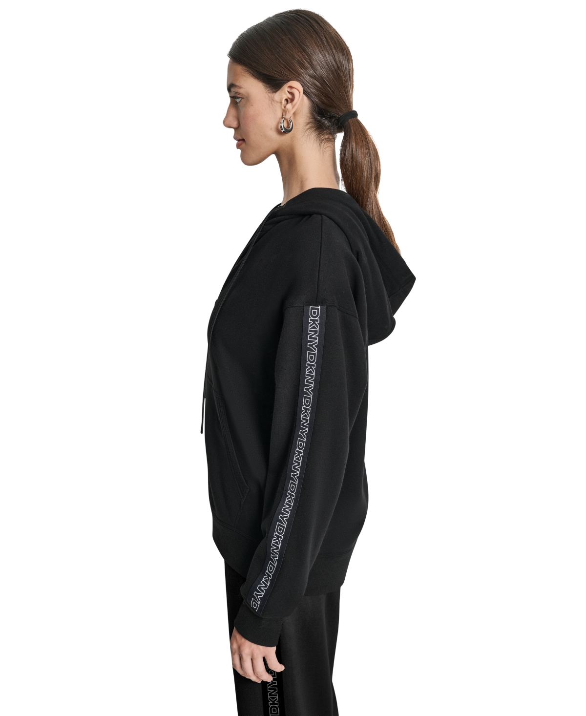 Dkny Women's Outline Logo Tape Zip Front Hoodie