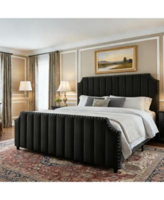 Queen Platform Bed Frame with 52" Tall Headboard & Footboard, Nailhead Trim, Wooden Slats Support, Noise-Free, Black