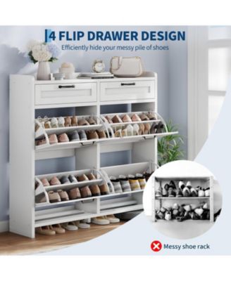 Shoe Cabinet with 4 Flip Drawers & 2 Top Drawers,Wooden Shoe Organizer with Adjustable Shelves,Freestanding Hidden Shoe Storage