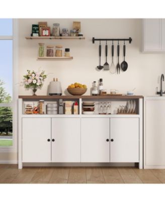 55" Farmhouse Buffet Sideboard Cabinet, Large Wood Storage with 4 Doors & Adjustable Shelves, Coffee Bar for Kitchen, Dining Room