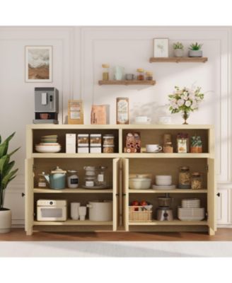 55" Farmhouse Buffet Sideboard Cabinet, Large Wood Storage with 4 Doors & Adjustable Shelves, Coffee Bar for Kitchen, Dining Room, Living Room