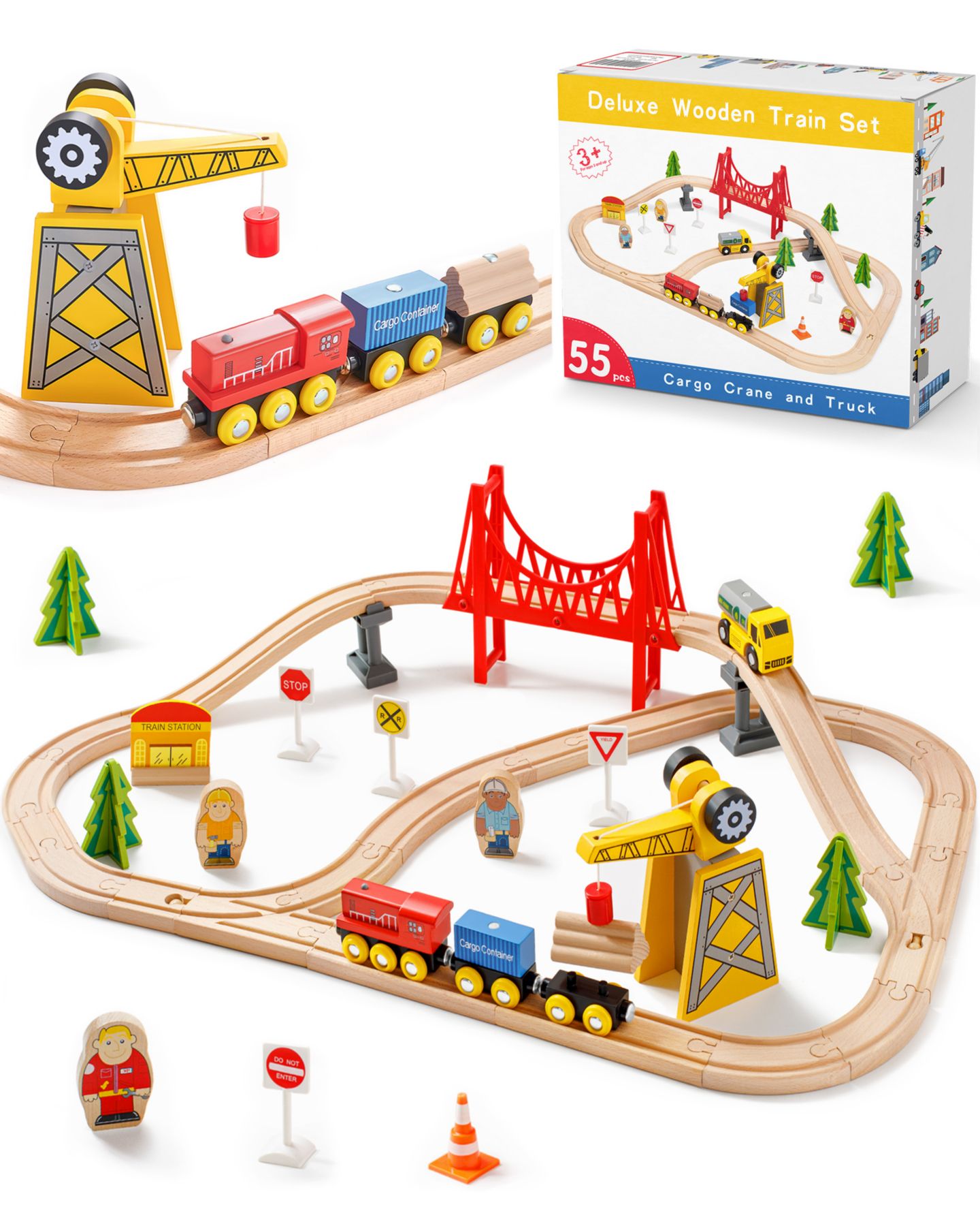 Детские игрушки Tiny Land Working Crane 55-Piece Wooden Track Trains Set — фото 1