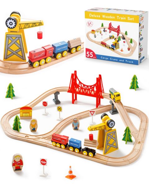 Детские игрушки Tiny Land Working Crane 55-Piece Wooden Track Trains Set
