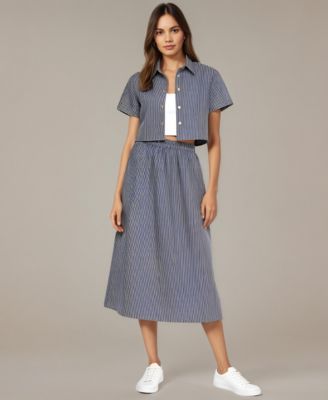 Women's Striped Cropped Button-Up Shirt and Midi Skirt Set