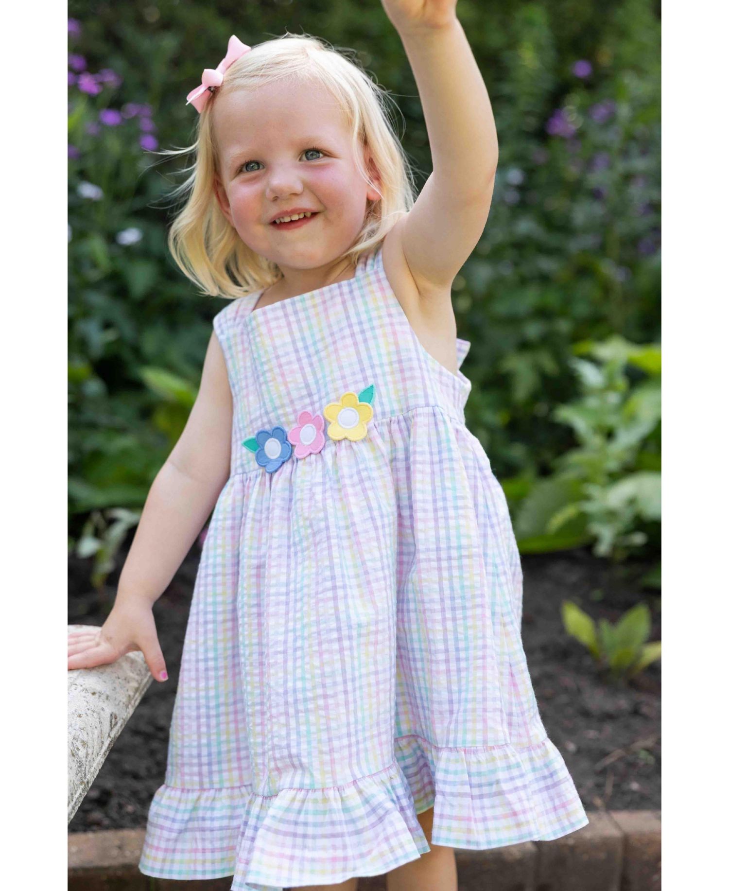Little Girls Plaid Seersucker Dress With Flowers