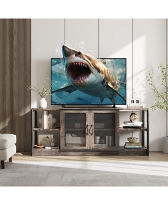 Farmhouse TV Stand for 65+ Inch TVs, Media Stand with Mesh Door & Storage Shelves