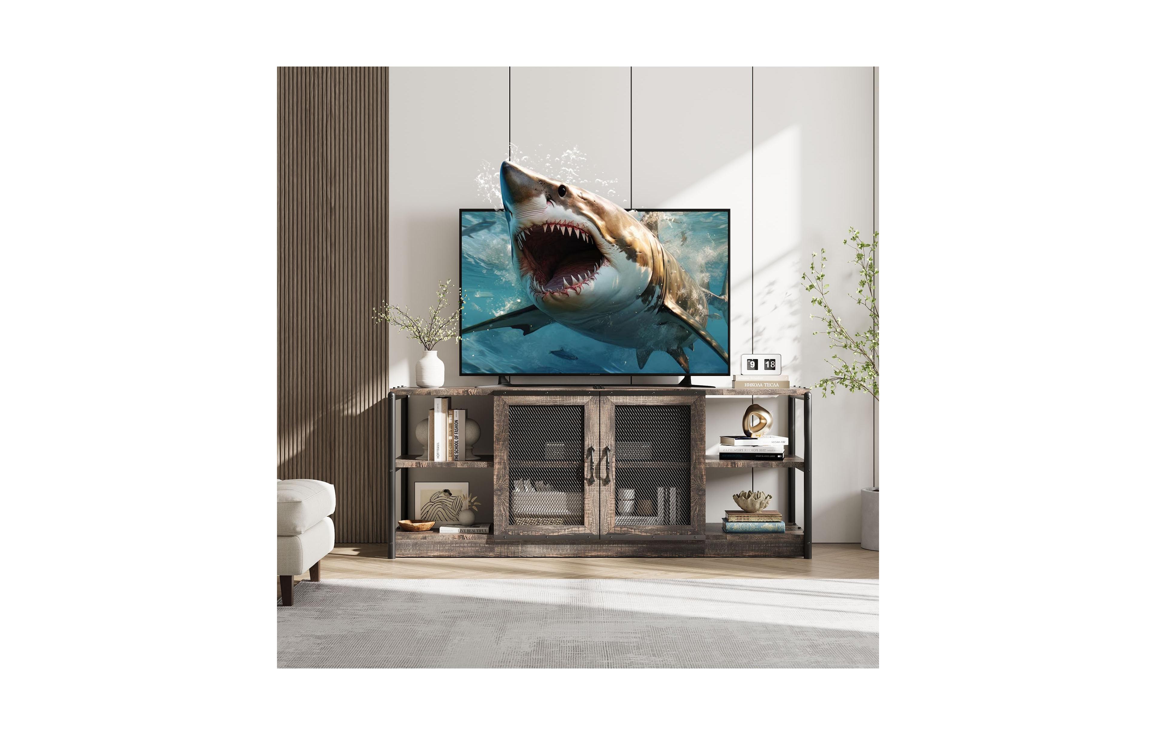 Farmhouse Tv Stand for 65+ Inch TVs, Media Stand with Mesh Door & Storage Shelves