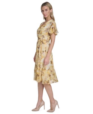 Women's Flutter-Sleeve Floral Print Midi Dress